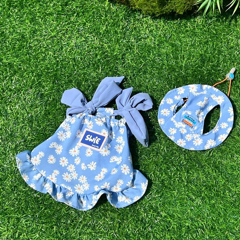 Large  Dog Floral Strappy Dress,Summer Sundress With Hat For Big Dogs