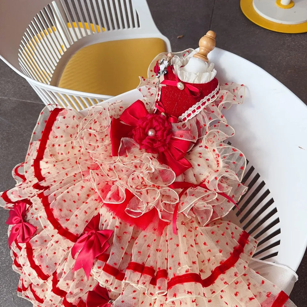 Luxury Dog Cake Puff Dress,Flamingo Red Color