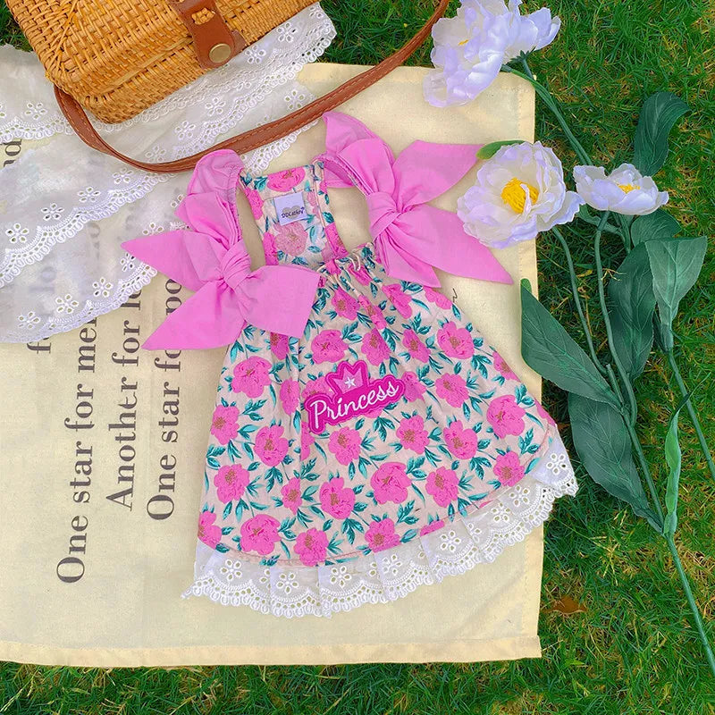 Sweet Floral Dog Summer Dress | Romantic Rose Pet Skirt with Bow