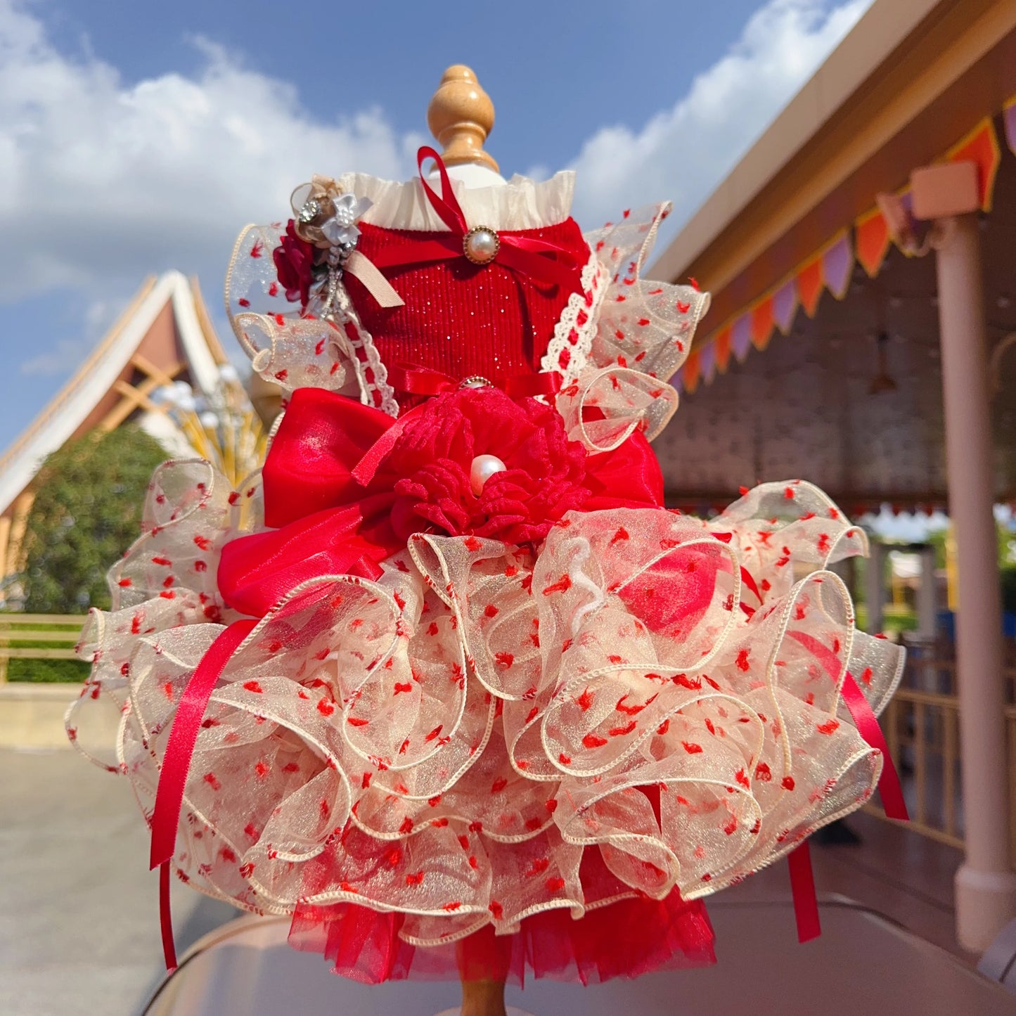 Luxury Dog Cake Puff Dress,Flamingo Red Color
