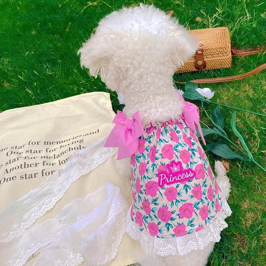 Sweet Floral Dog Summer Dress | Romantic Rose Pet Skirt with Bow