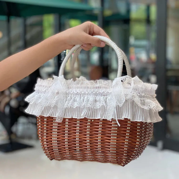 Handwoven Rattan Pet Carrier with Pleated Lace Trim