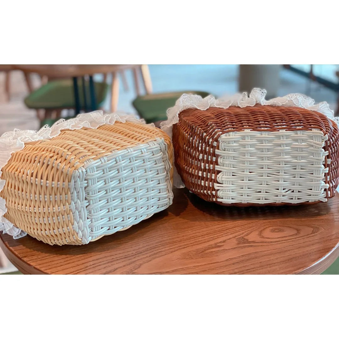 Handwoven Rattan Pet Carrier with Pleated Lace Trim