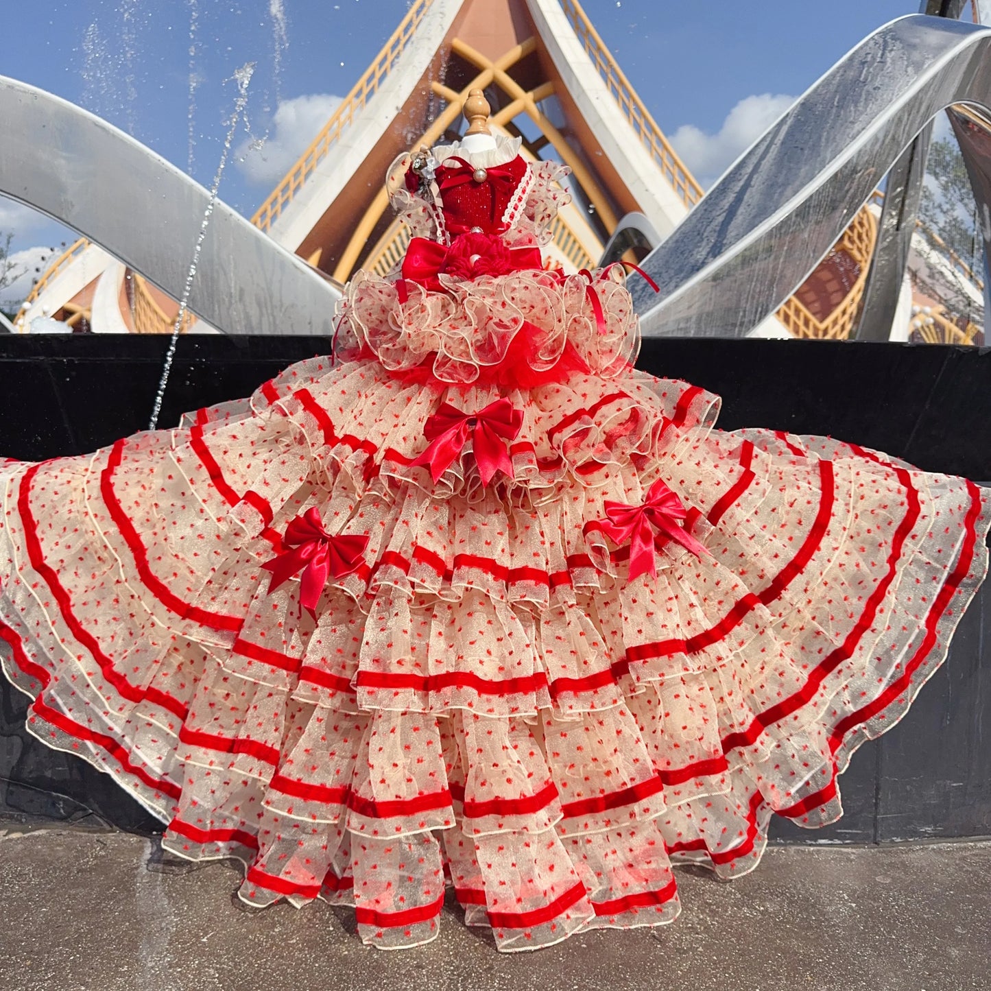 Luxury Dog Cake Puff Dress,Flamingo Red Color