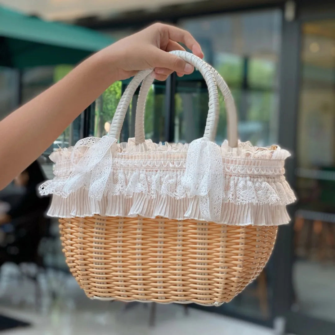 Handwoven Rattan Pet Carrier with Pleated Lace Trim