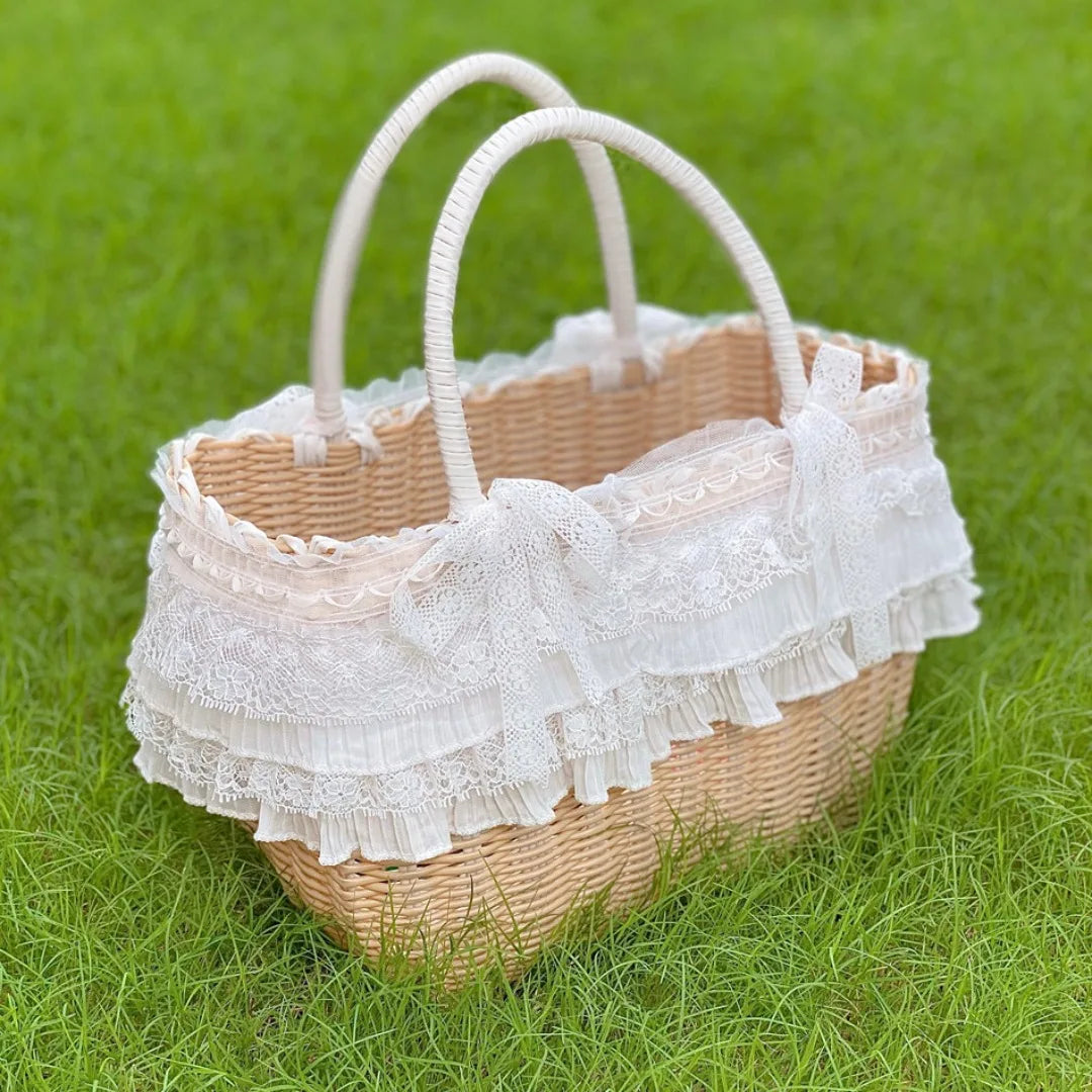Handwoven Rattan Pet Carrier with Pleated Lace Trim