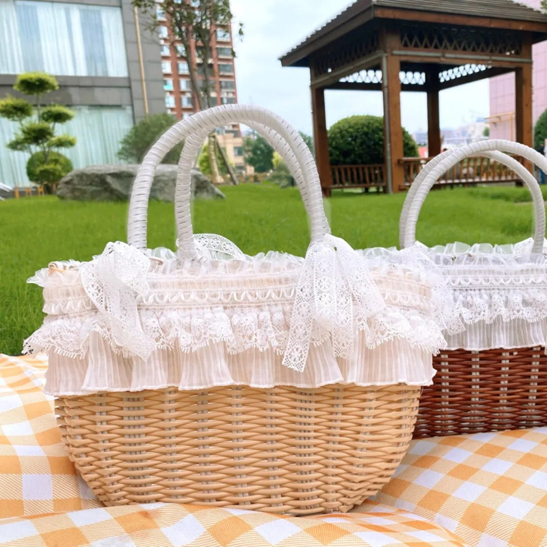 Handwoven Rattan Pet Carrier with Pleated Lace Trim