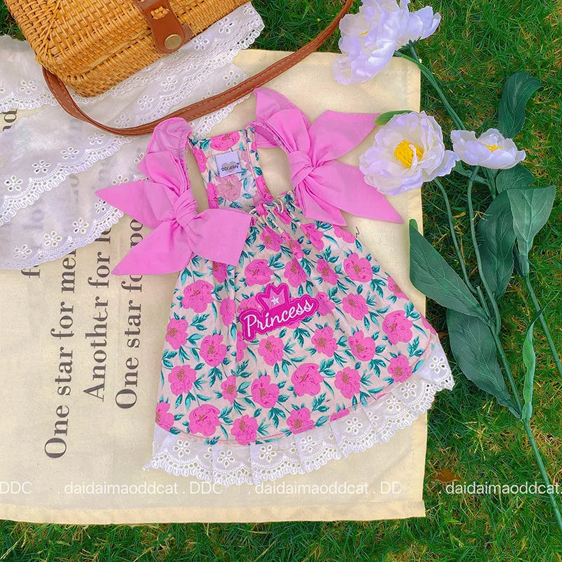 Sweet Floral Dog Summer Dress | Romantic Rose Pet Skirt with Bow