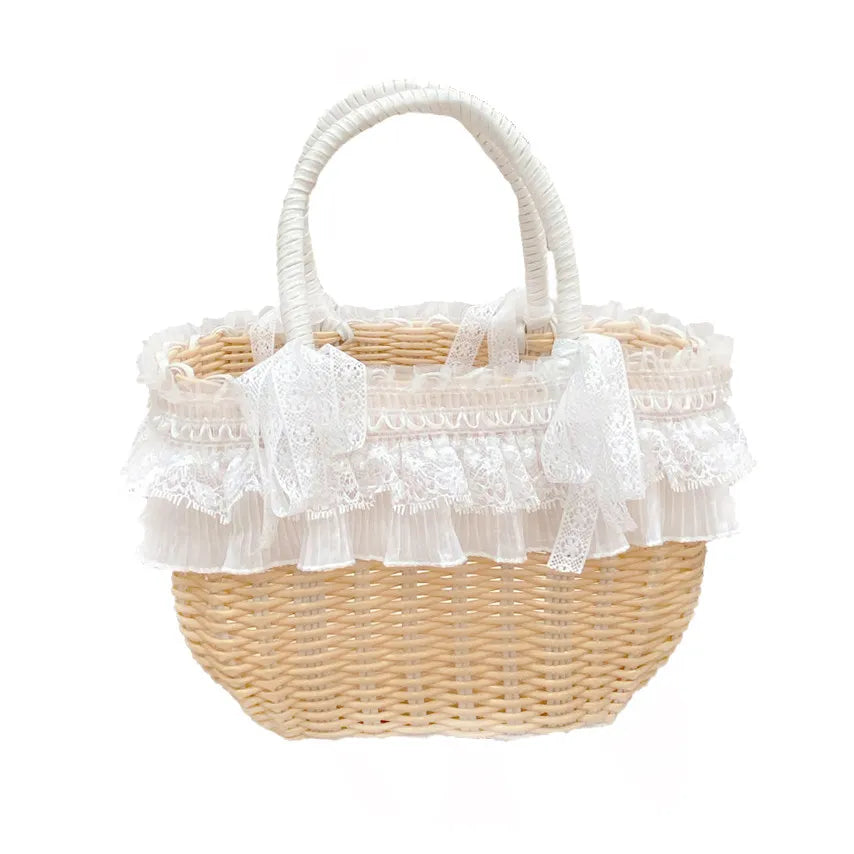 Handwoven Rattan Pet Carrier with Pleated Lace Trim