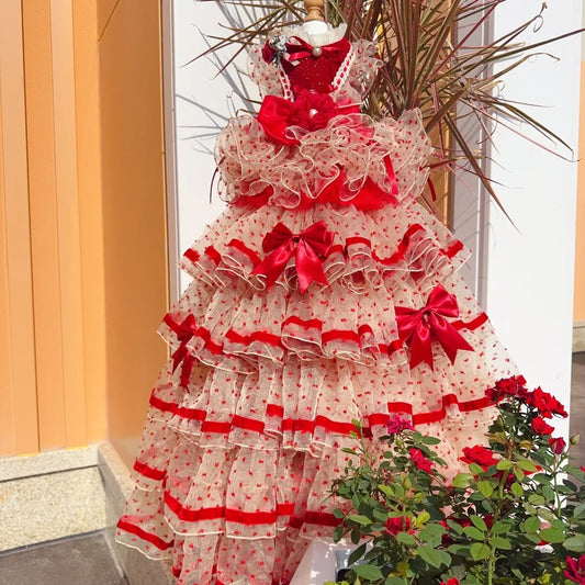 Luxury Dog Cake Puff Dress,Flamingo Red Color